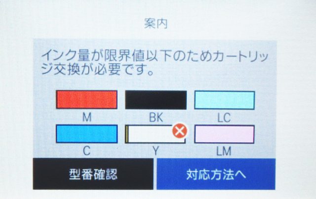 インク量が限界値以下