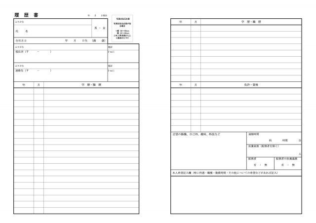 JIS規格の履歴書フォーマットサンプル 性別欄が「男・女」の選択式になっていて通勤時間、扶養家族、配偶者の有無、配偶者の扶養義務の欄があることが特徴