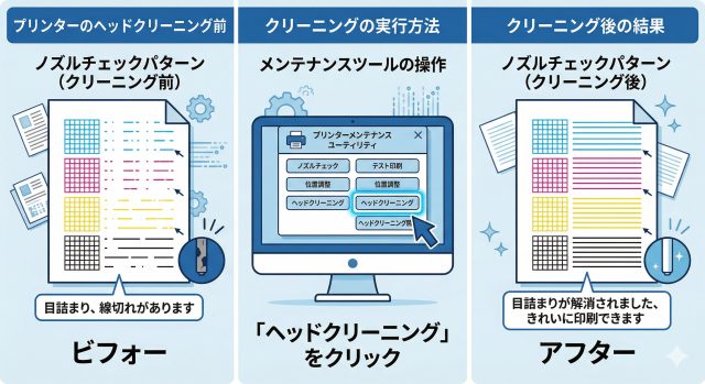 プリンターのヘッドクリーニング手順（ノズルチェック→クリーニング→確認）