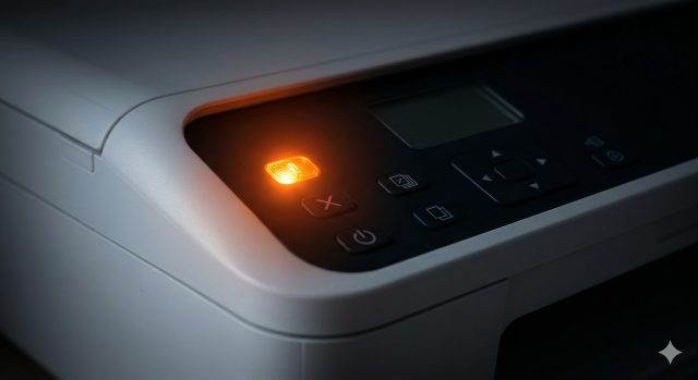プリンターのオレンジ色のエラーランプが点滅している様子