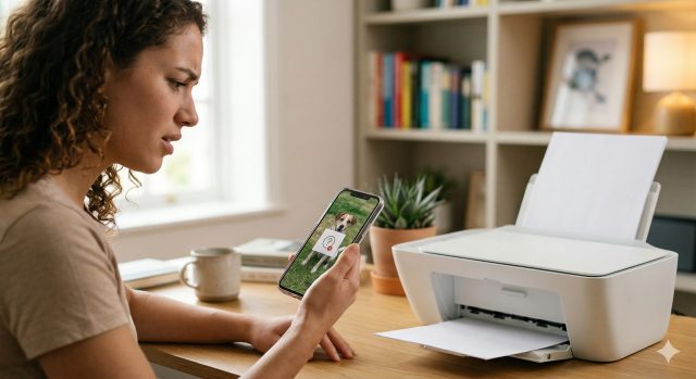 スマートフォンからプリンターへの印刷操作で困っている人のイメージ