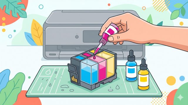 詰め替えインクを補充してる