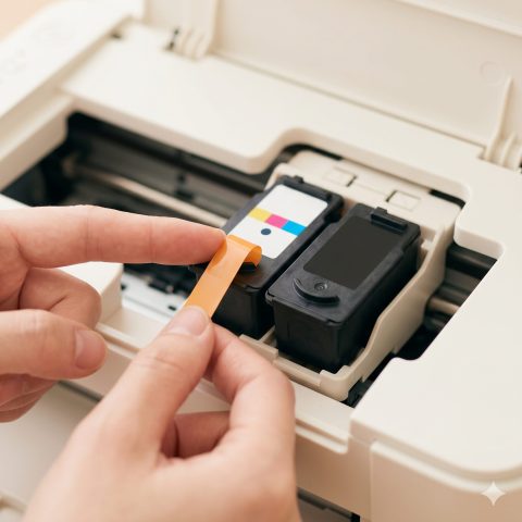 新しいFINEカートリッジの保護テープを剥がす様子