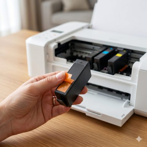 新しいインクカートリッジのオレンジ色の保護テープを剥がしている様子