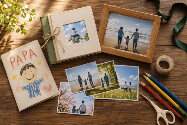 父の日の手作り写真ギフトを並べた写真｜子どもと一緒に作る父の日プレゼント